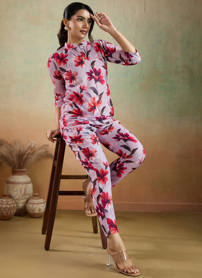 Light Pink Printed Cotton Blend Co-Ord Set for Women