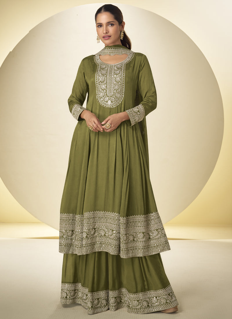 Front view of a Mehendi green Chinon silk salwar palazzo suit with intricate gota patti embroidery