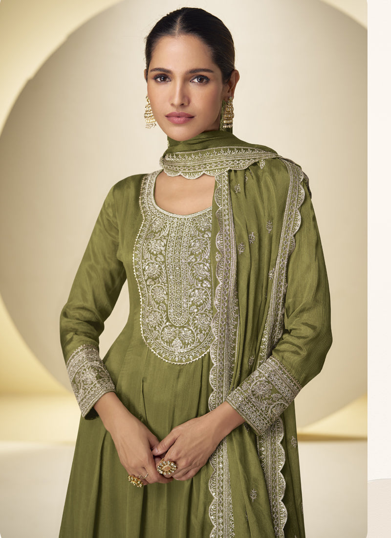 Mehendi Chinon Silk Embroidered Salwar Palazzo Suit Set