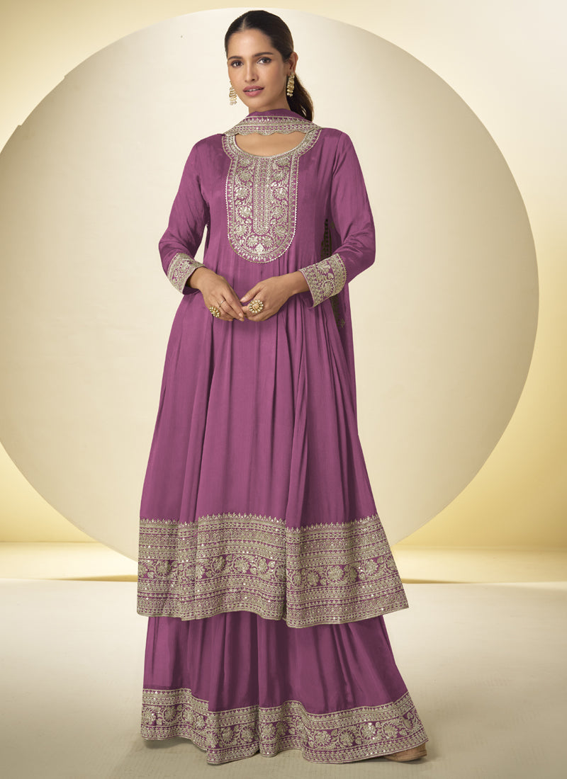Onion pink Chinon silk palazzo suit with intricate gota patti and embroidery details