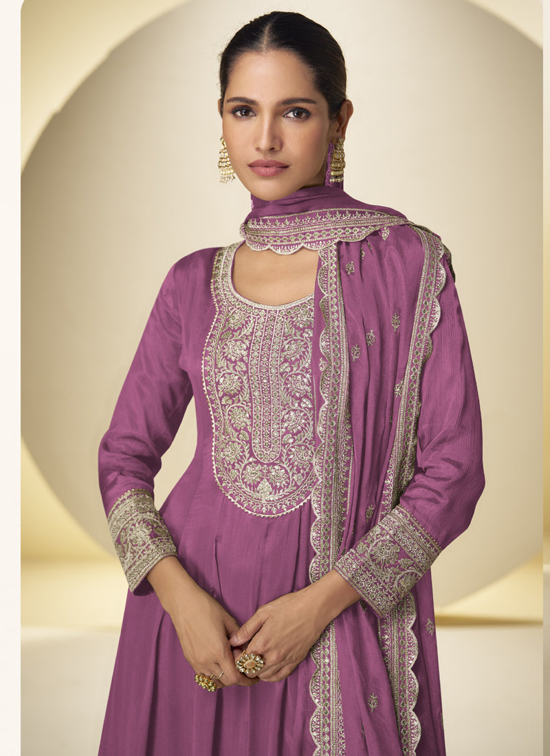 Onion Pink Chinon Silk Embroidered Palazzo Suit for Weddings