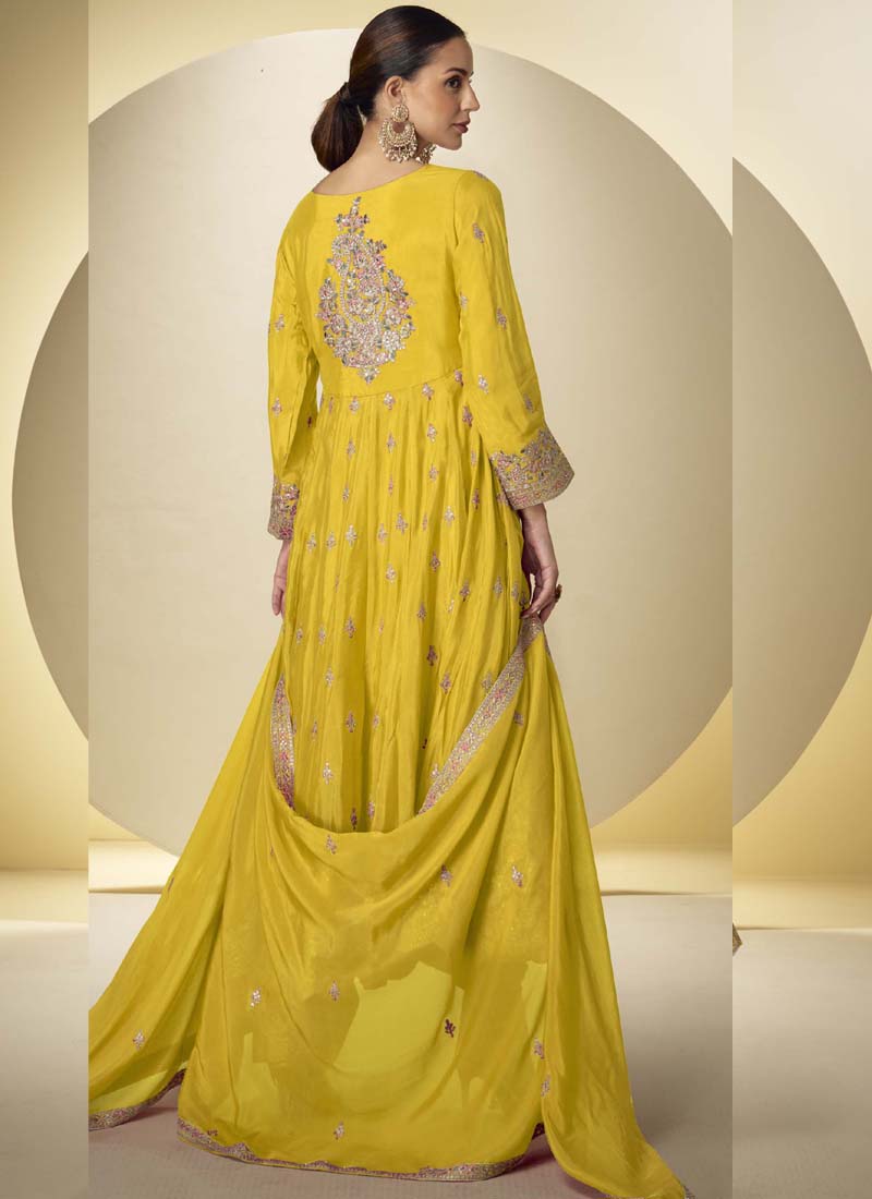 Vegaa Fashion Yellow Chinon Silk Embroidered Designer Anarkali Suit
