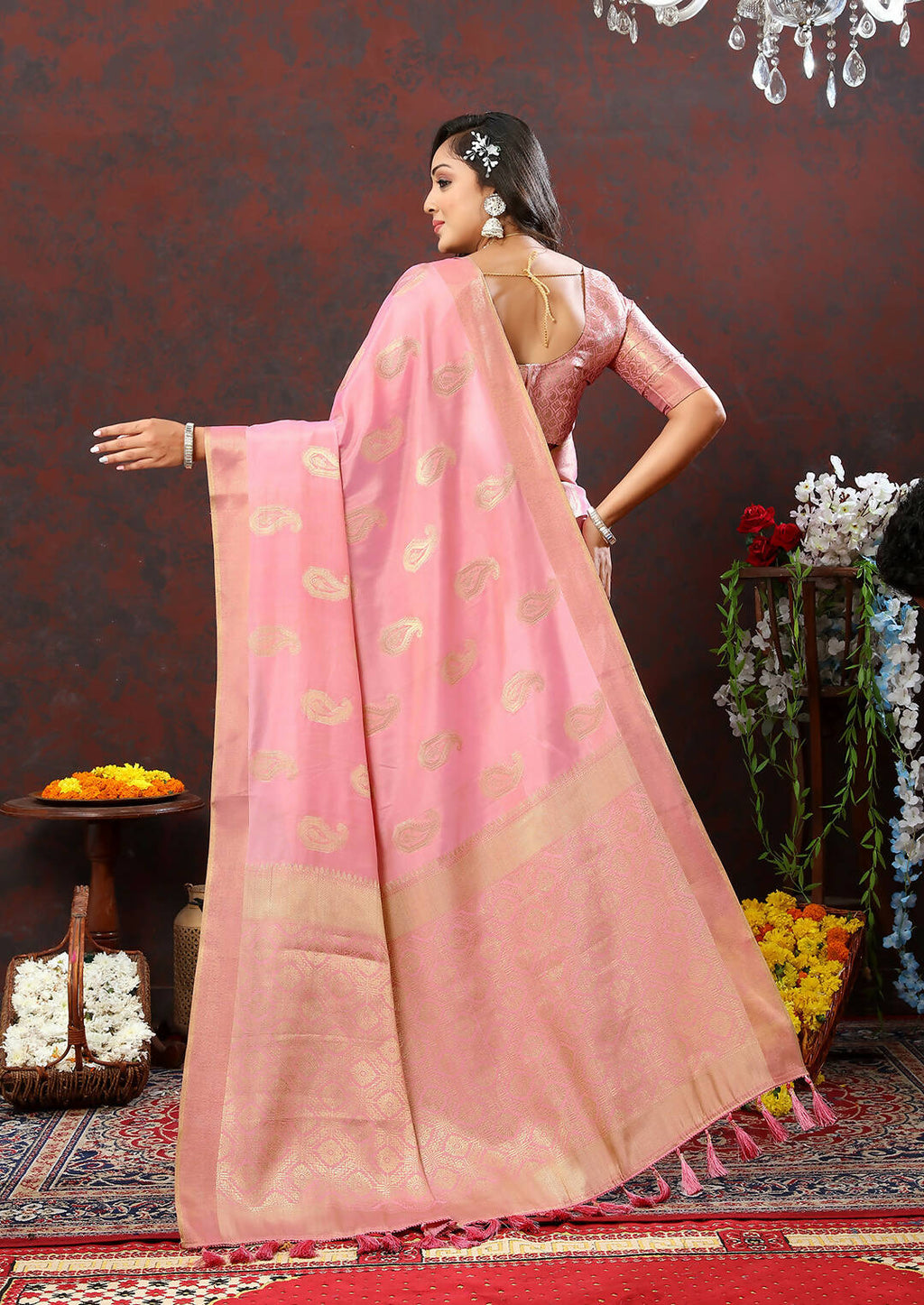 Pink Cotton Saree with Traditional Zari Woven Design and Silk Blouse