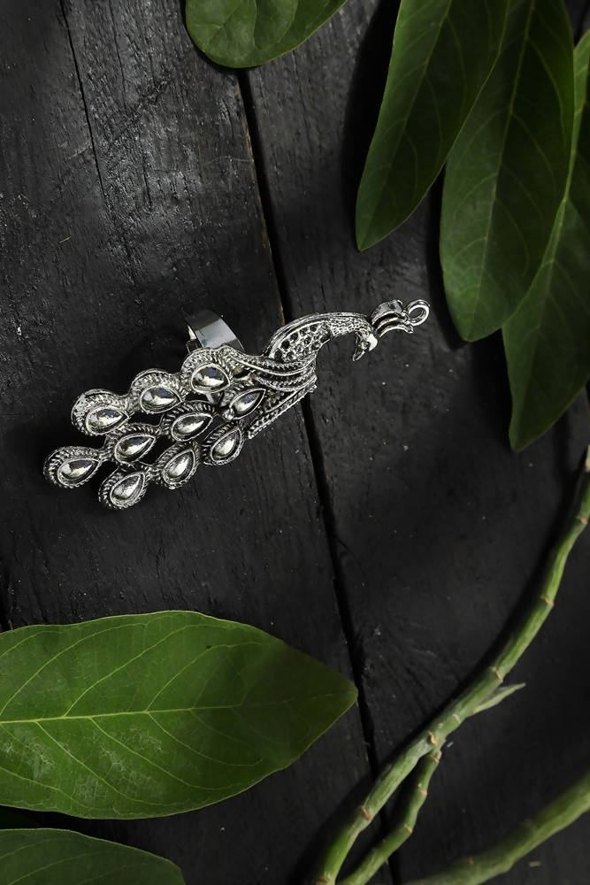 Oxidised Silver Peacock Statement Ring for Bohemian Ethnic Style