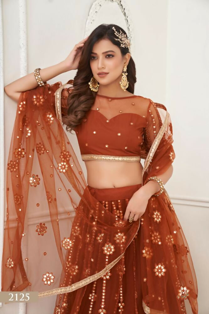 Brown Butterfly Net Lehenga Choli With Mirror Work Embroidery