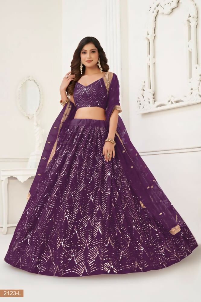Wine Butterfly Net Lehenga with Mirror and Sequence Embroidery