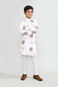 Front view of white cotton kurta with sequin detailing paired with art silk straight pants