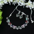 Multi-colored American Diamond choker set with a polished silver-plated finish.