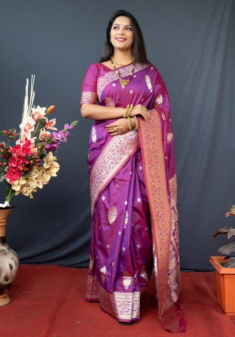 Stunning purple Paithani silk saree featuring zari woven craftsmanship.
