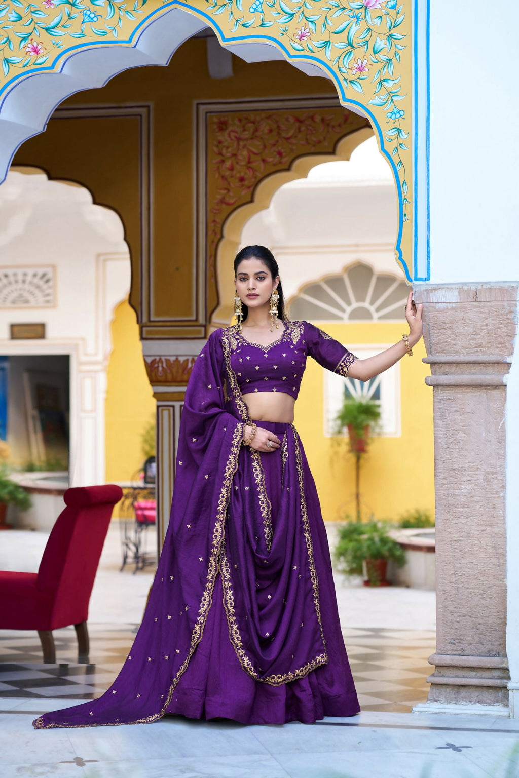 Purple NC Silk Lehenga Choli Set with Embroidery and Dupatta