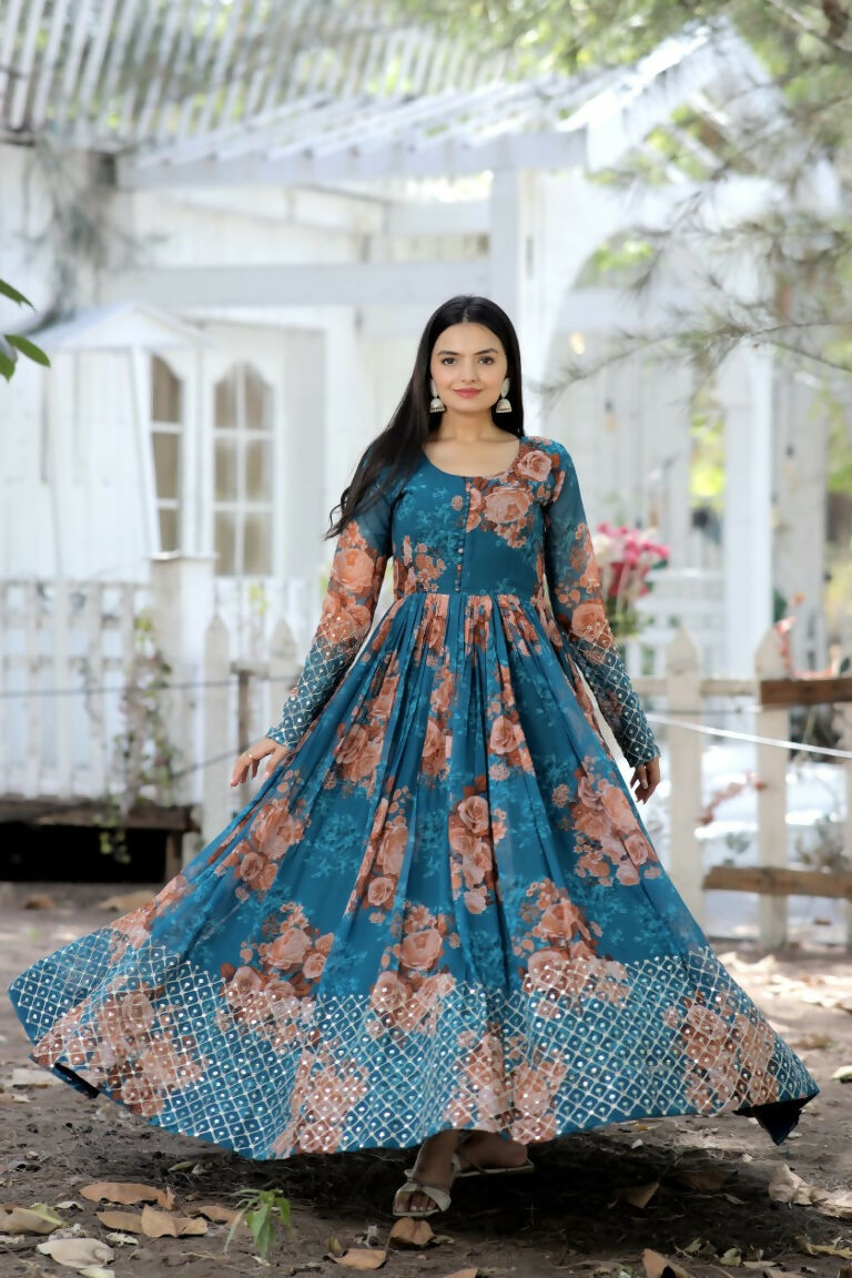 Teal Faux Georgette Anarkali Dress with Sequence Zari Embroidery