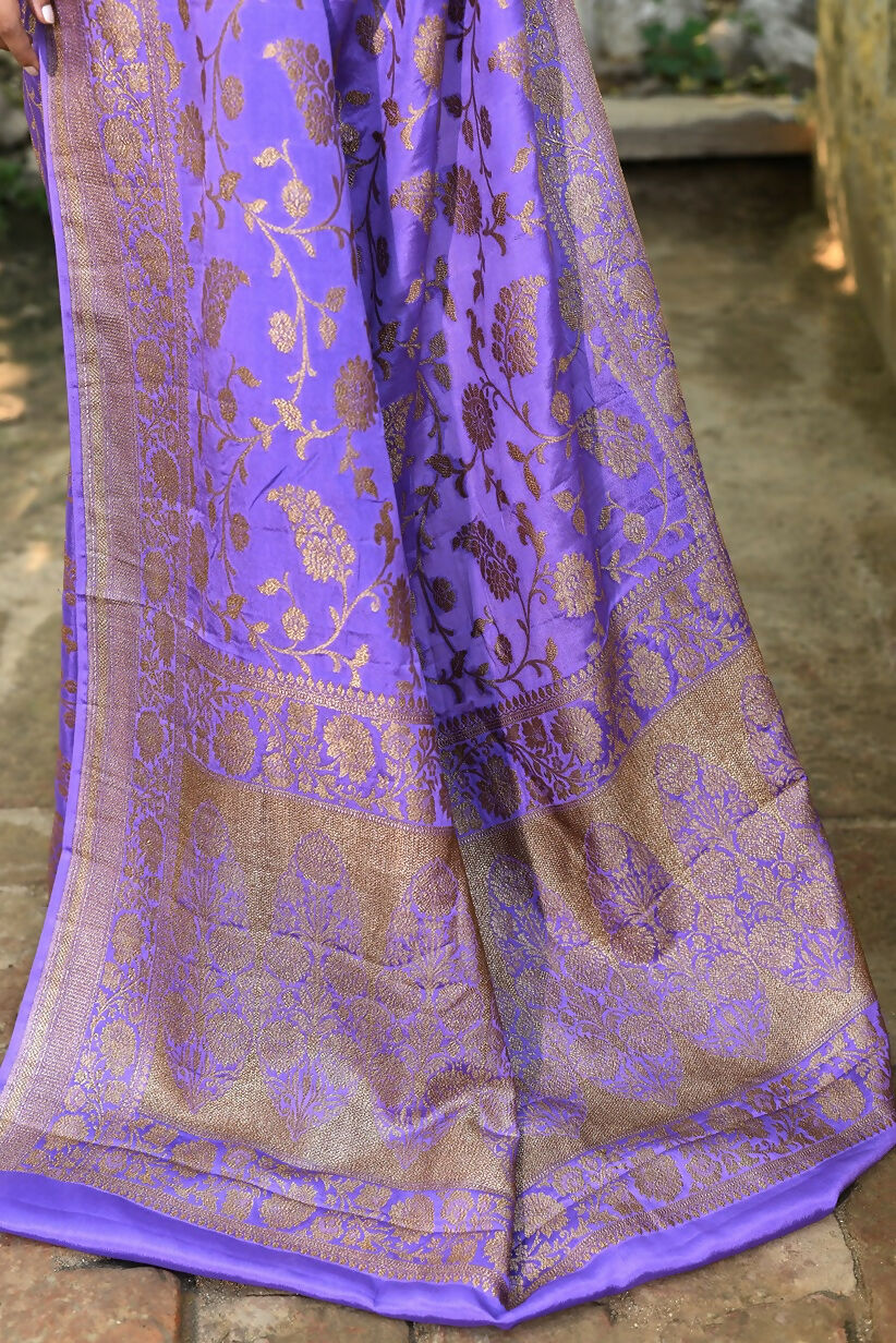 Dark Lilac Crepe Chiffon Banarasi Silk Saree
