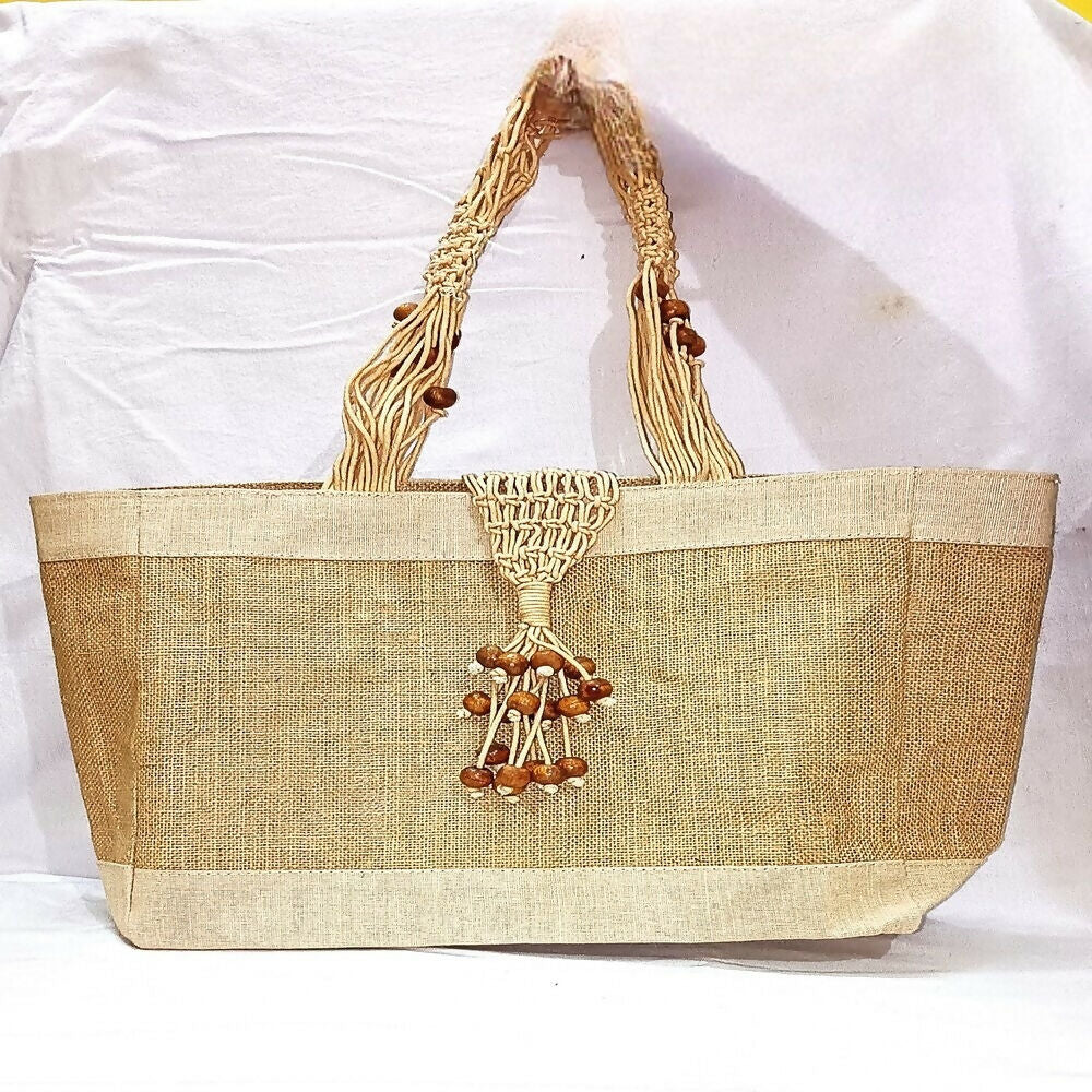 Eco-Friendly Jute Handbag with Decorative Wooden Beads