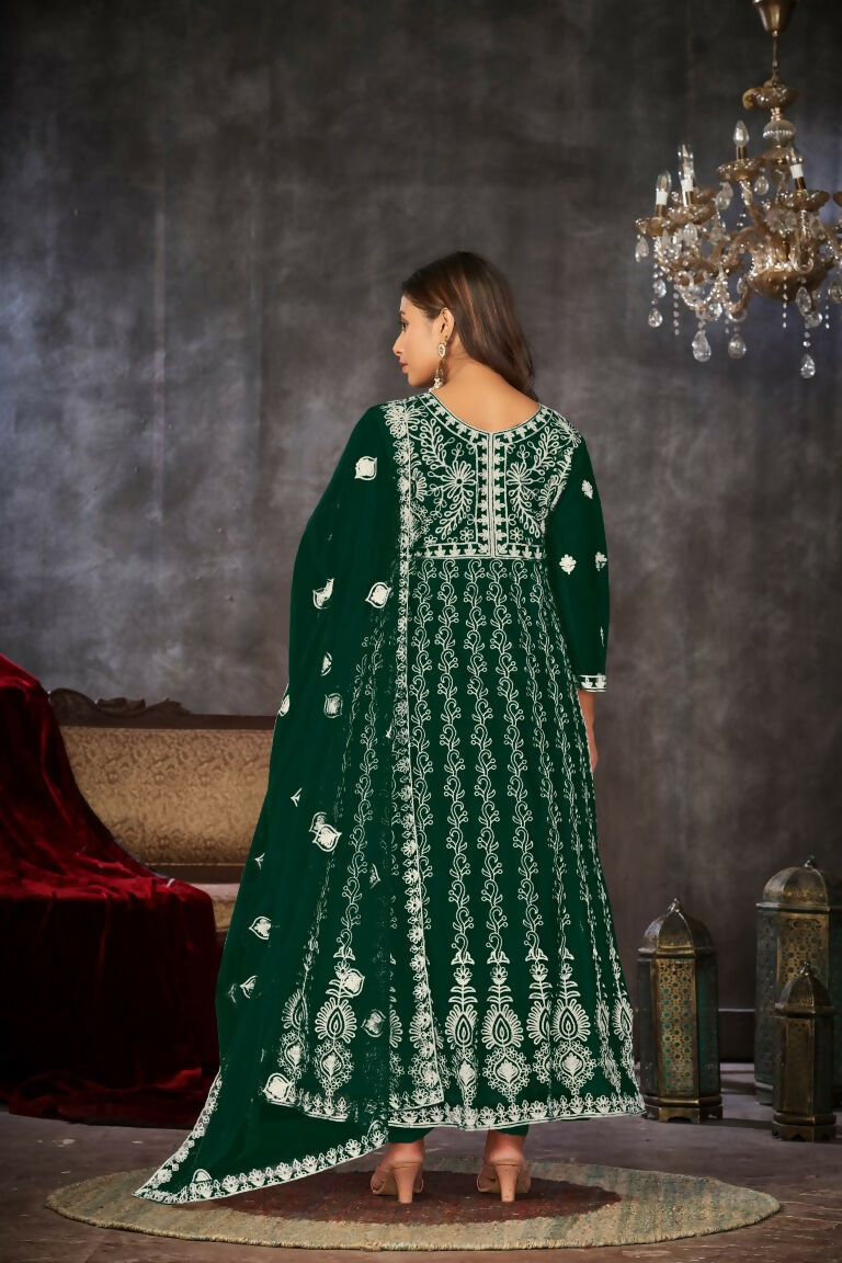 Green Net Embroidered Anarkali Kurta Pant Set with Dupatta