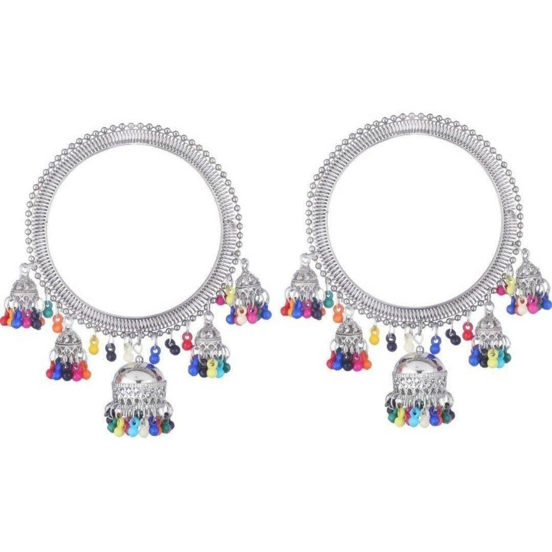 Multicolor Pearl Bangle Set with Hanging Jhumkas in Silver Finish