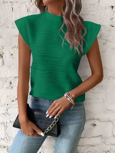 White Textured Wave Pattern Cap Sleeve Top - Image 23