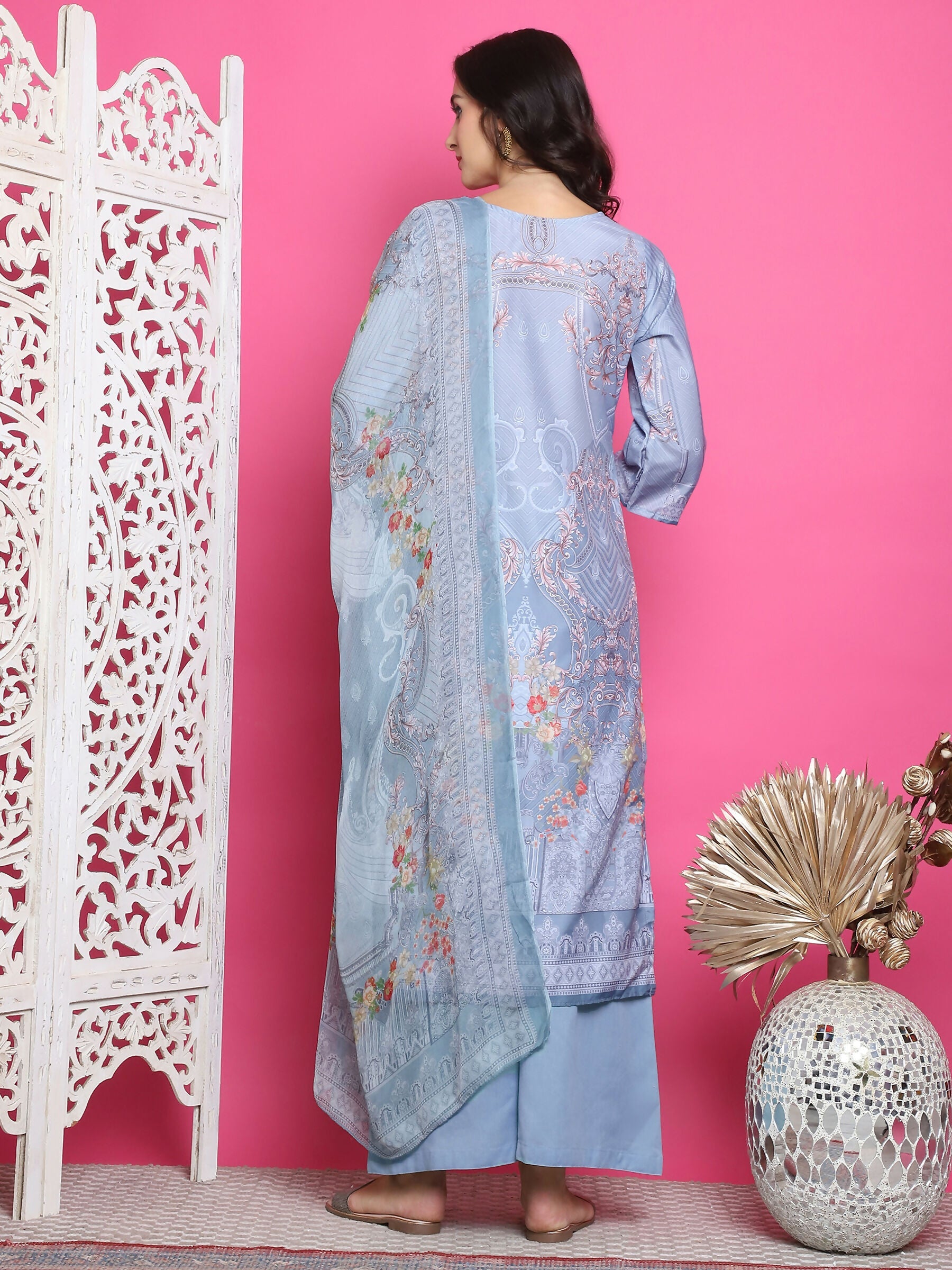 Women's Grey Satin Floral Digital Print Kurta Set with Crystal Work