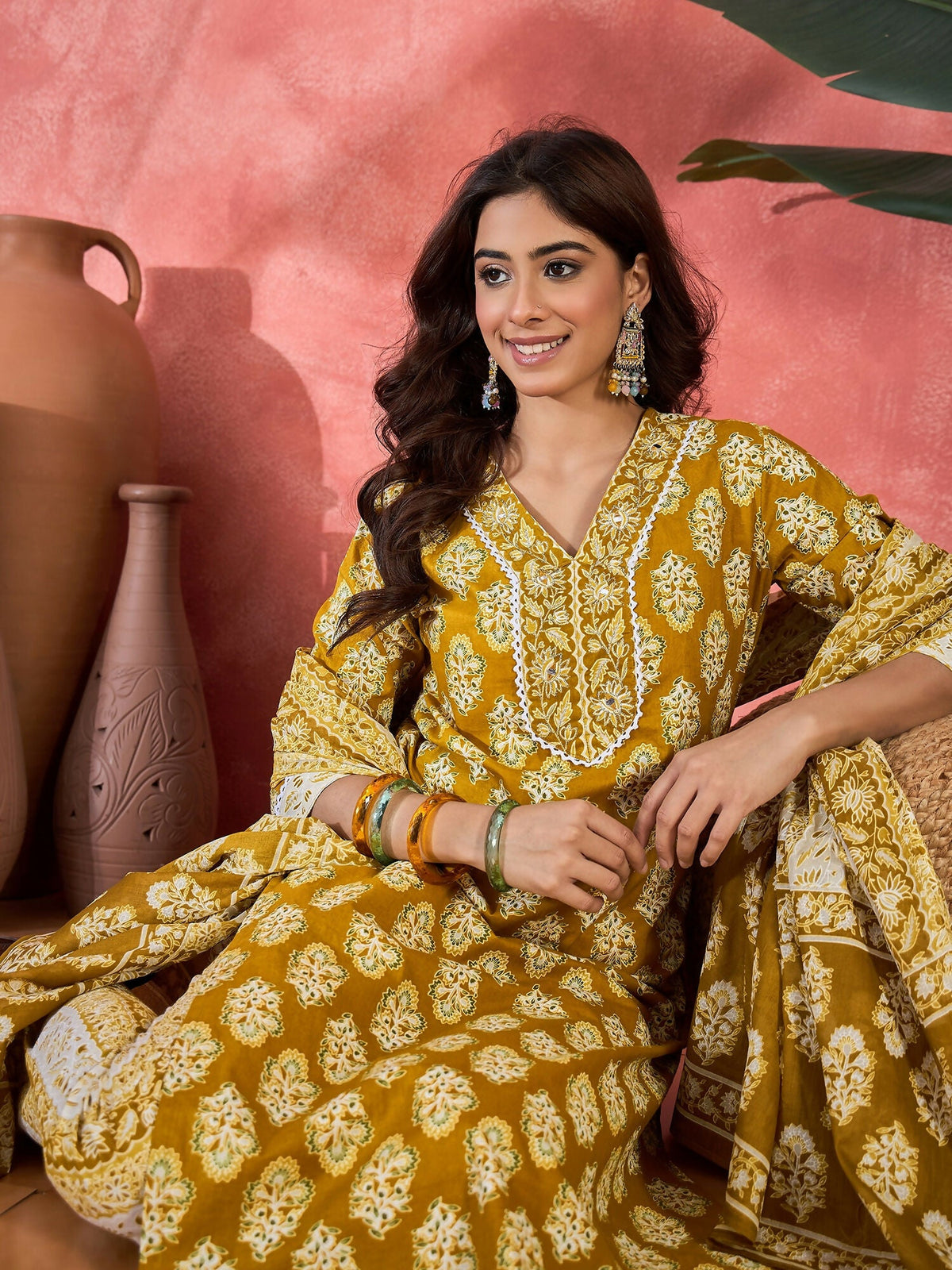Printed Mustard Pure Cotton Kurta Set for Women
