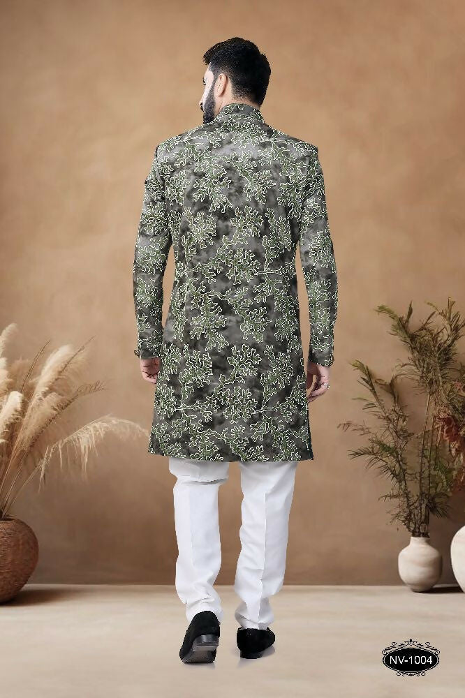 Men's Green Straight Velvet Indo-Western Kurta Set with Embroidery