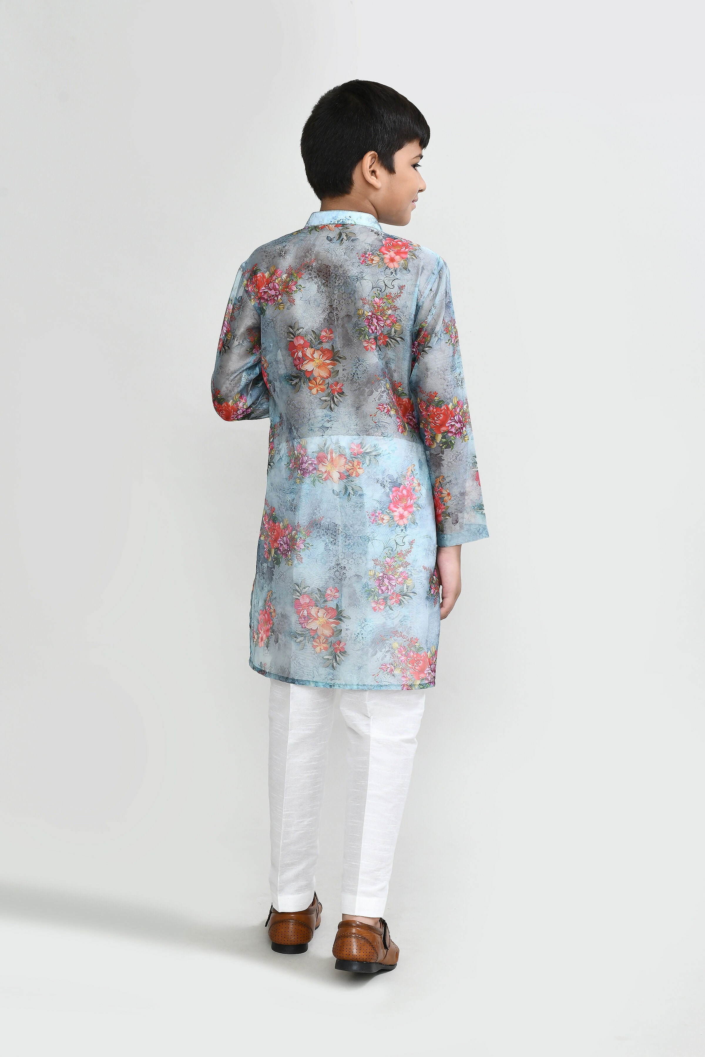 Sea Green Georgette Kurta Set with White Straight Fit Pants