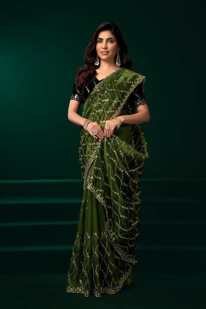 Green Net Party Wear Saree with Black Velvet Blouse