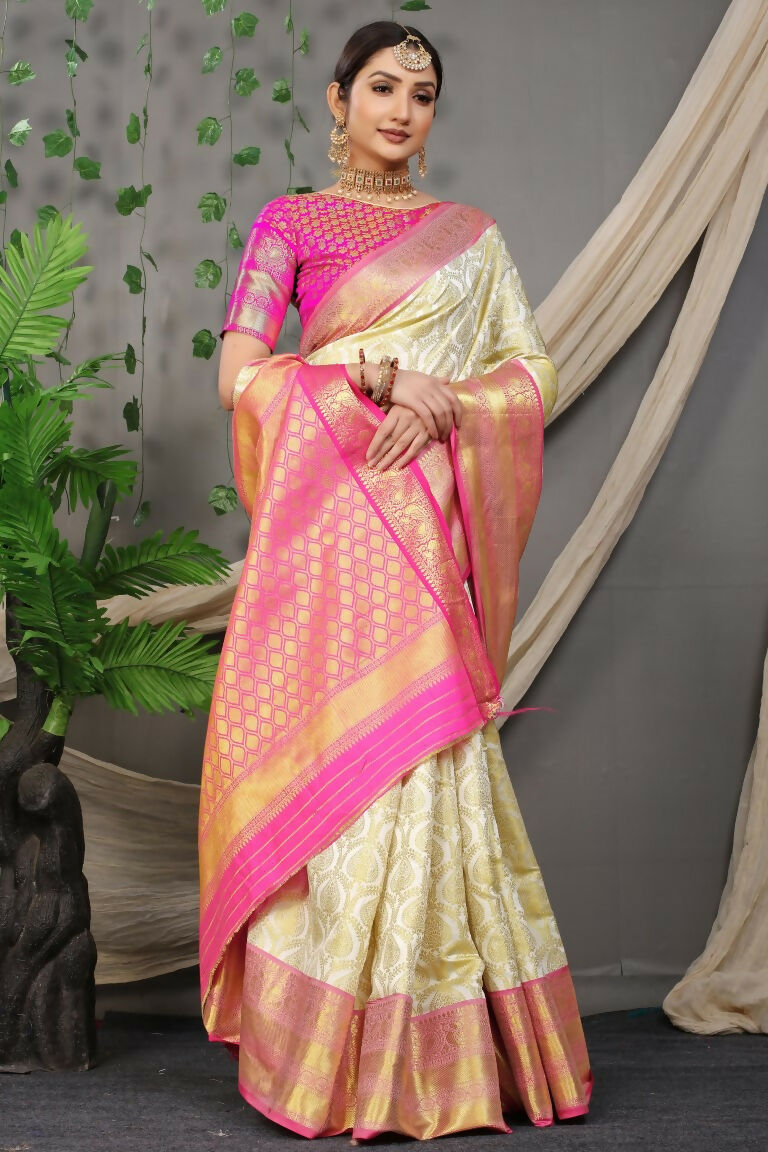 Off White Kanjivaram Silk Zari Woven Saree with Pink Blouse