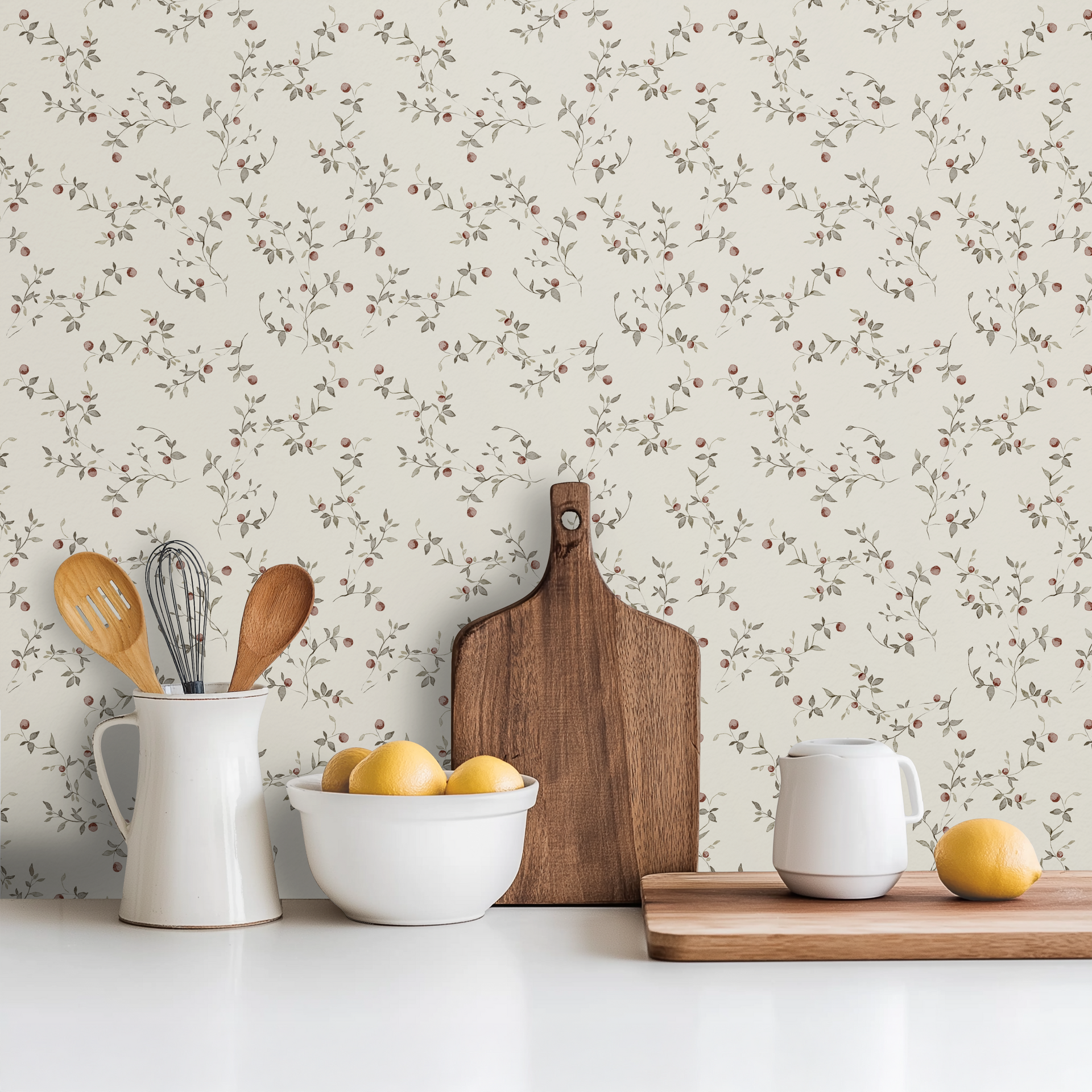 Gala Floral Wallpaper: Sage-Green, Cream & Muted-Red Cottagecore