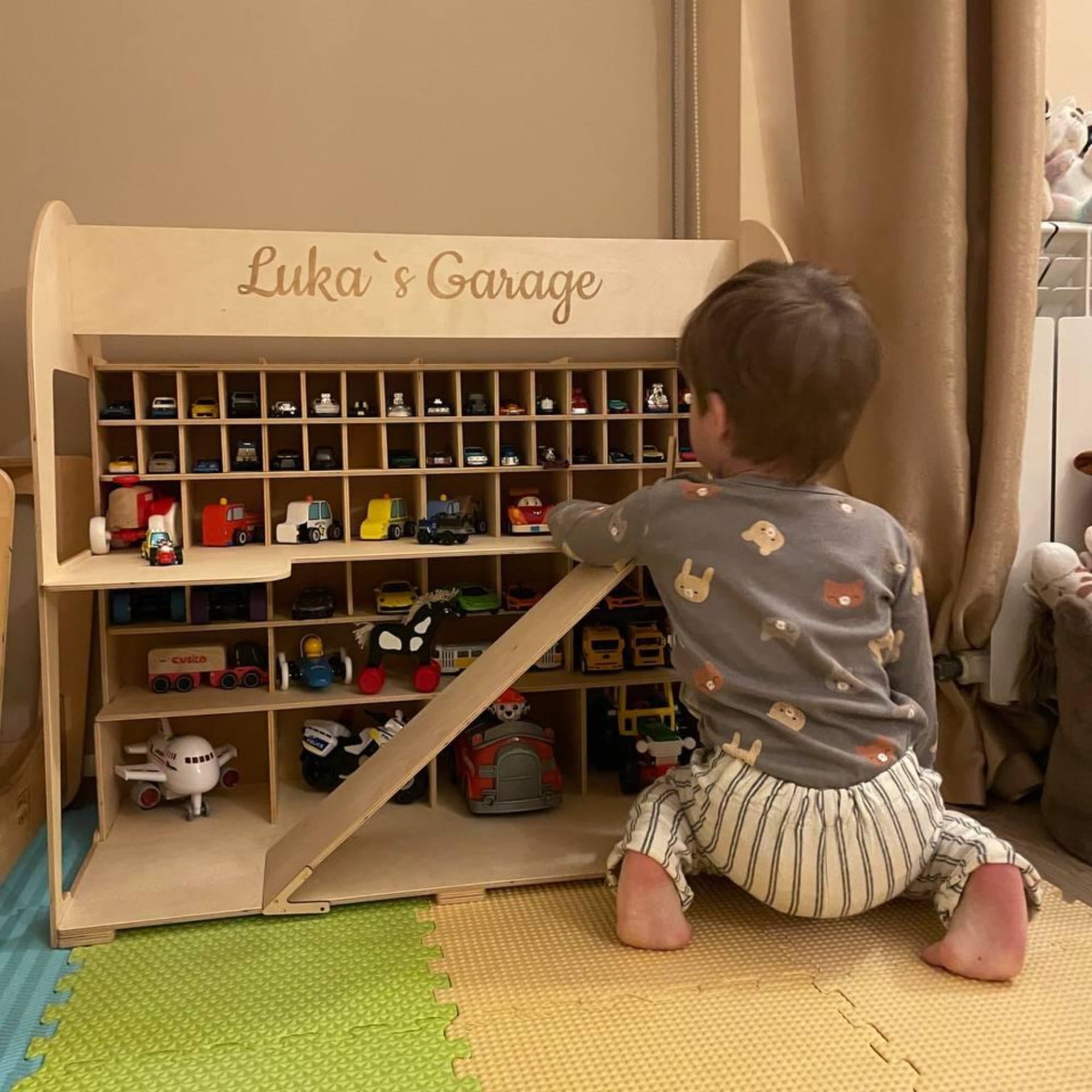 Minimalist Wooden Toy Car Garage Storage