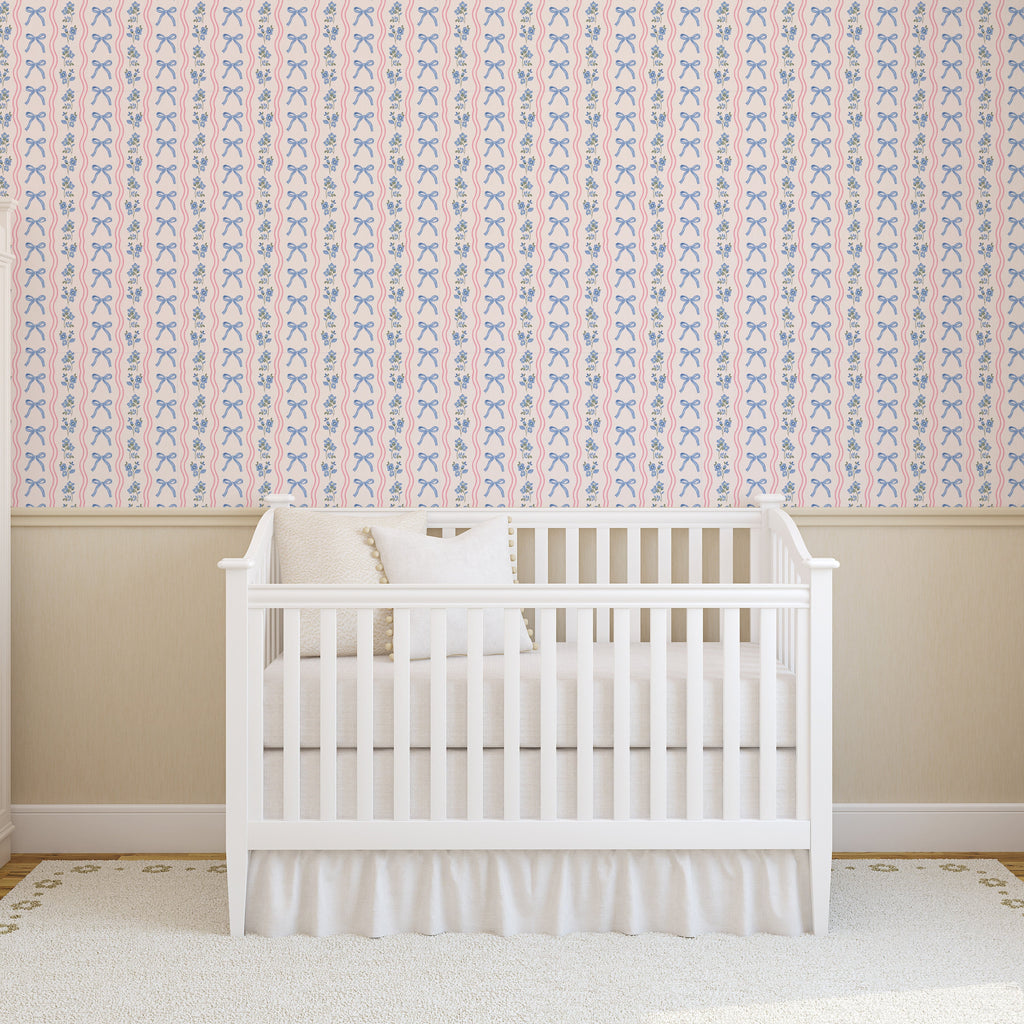 Amelia Bow Whimsical Nursery Wallpaper in Pink and Blue
