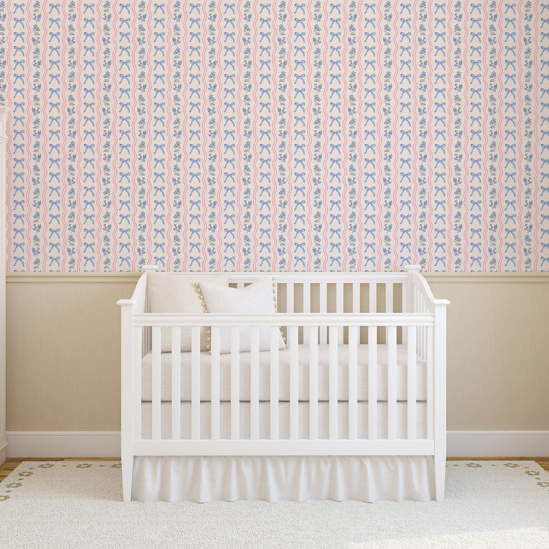 Amelia Bow Whimsical Nursery Wallpaper in Pink and Blue