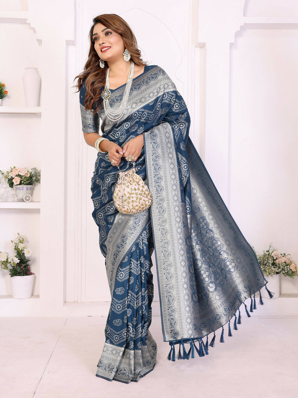 Teal Blue Georgette Silk Leheriya Saree with Zari Weaving