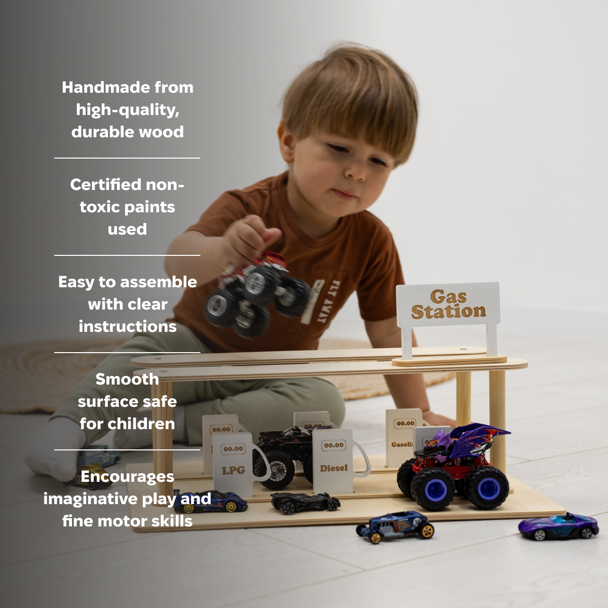 Wooden Gas Station Toy – Interactive Pretend Play Playset