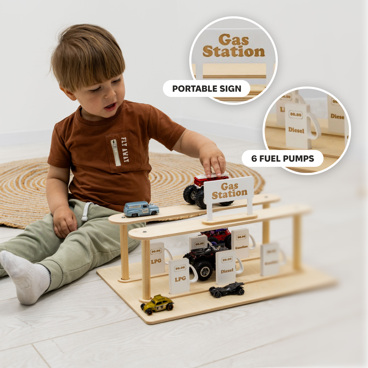 Wooden Gas Station Toy – Interactive Pretend Play Playset