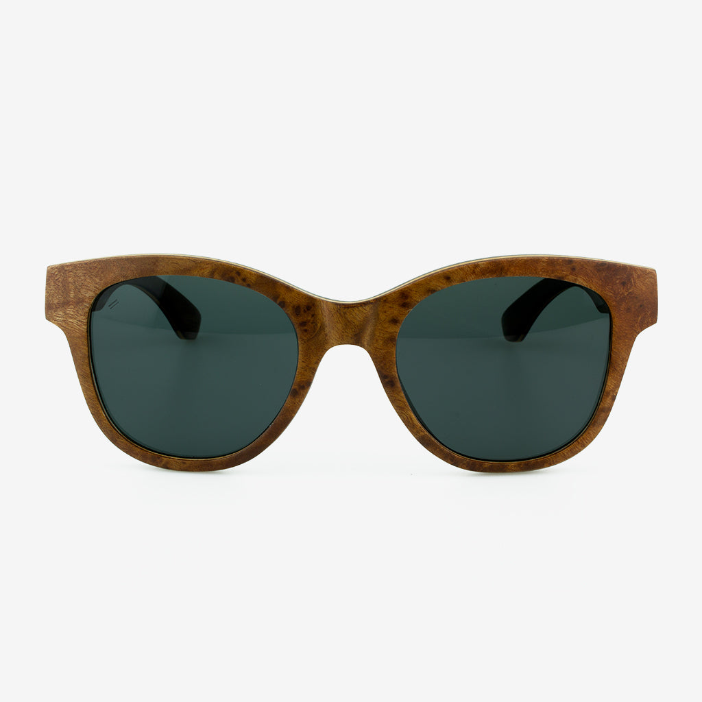 Unisex Gasparilla oversized sunglasses made from exotic hardwood and carbon fiber in brown and green