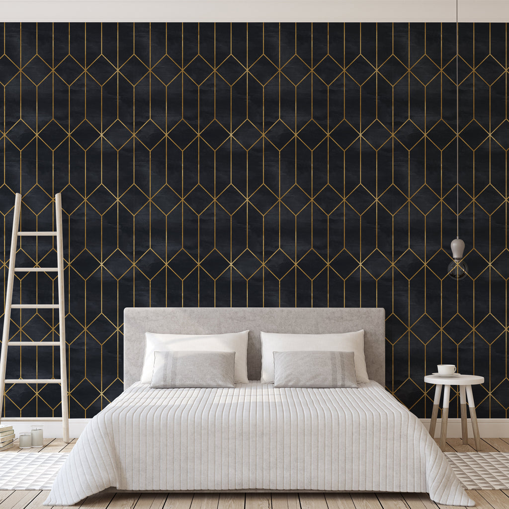 Gatsby Geometric Removable Wallpaper in Navy-Blue and Gold