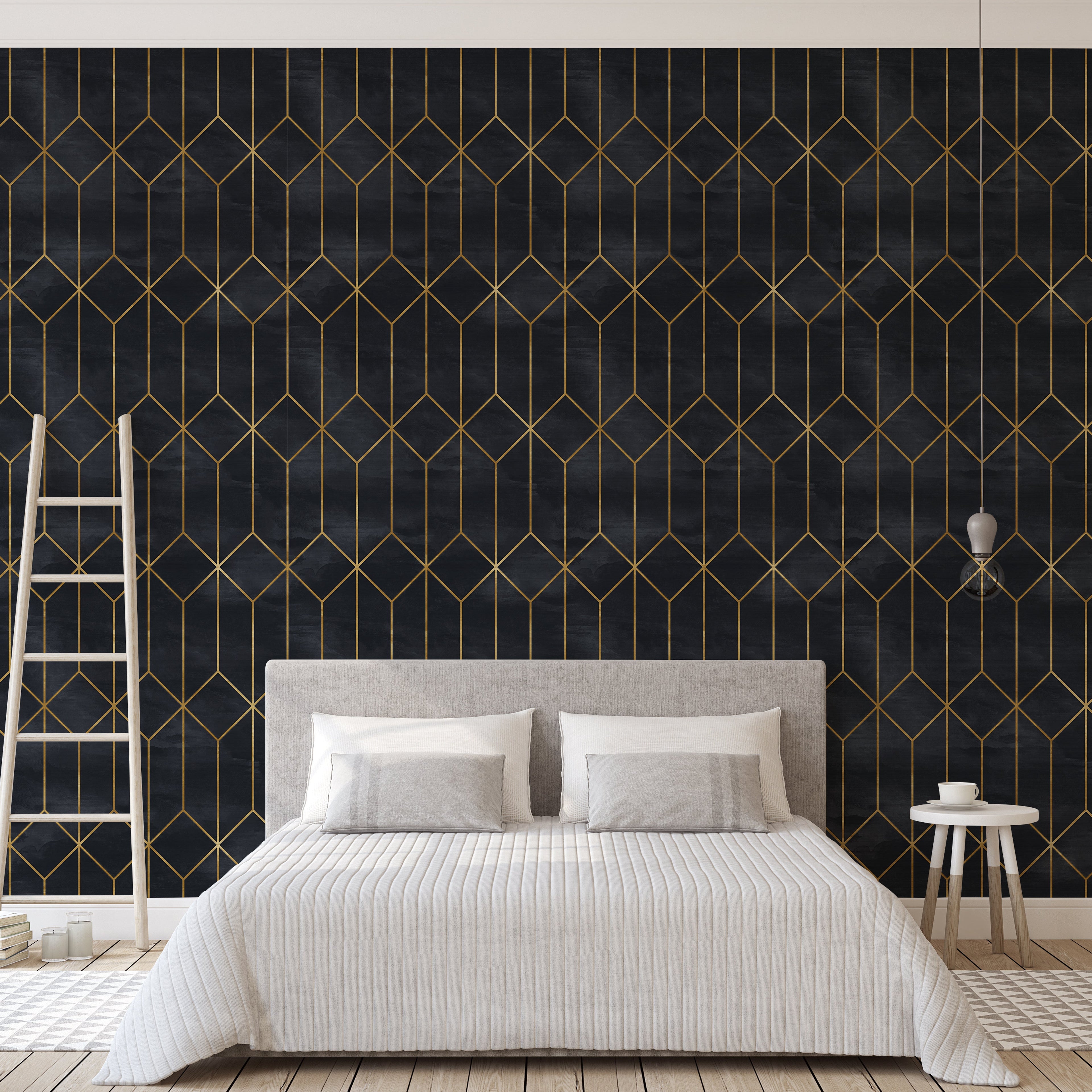 Gatsby Geometric Removable Wallpaper in Navy-Blue and Gold