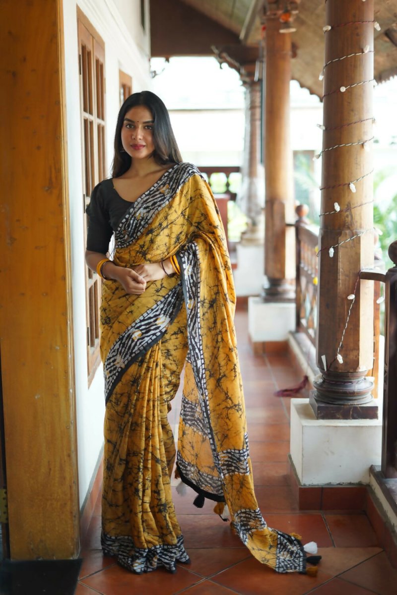 Mustered combination saree made from pure Chanderi cotton featuring traditional Batik prints