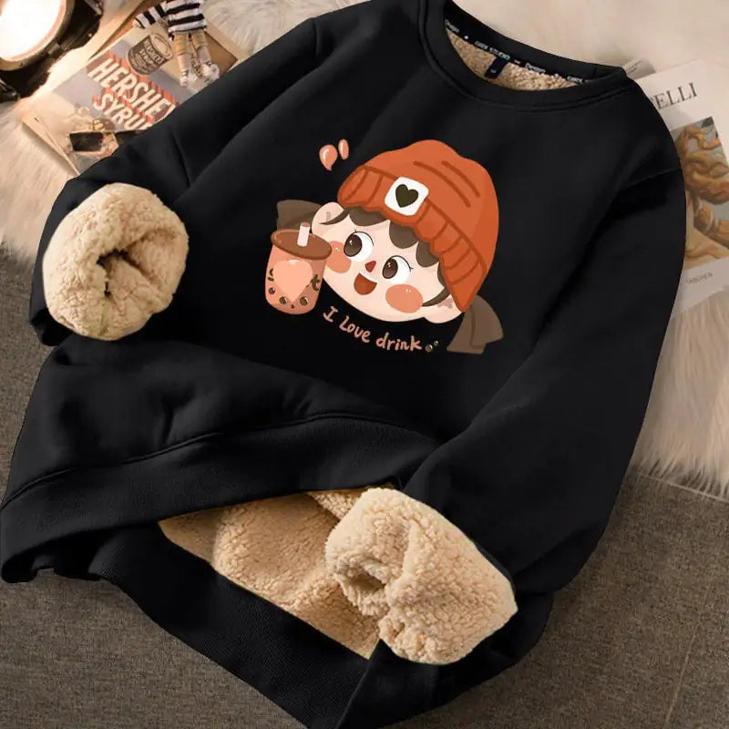 Women's Cream Fleece Lined Graphic Sweater with Cute Bear Print - Image 22