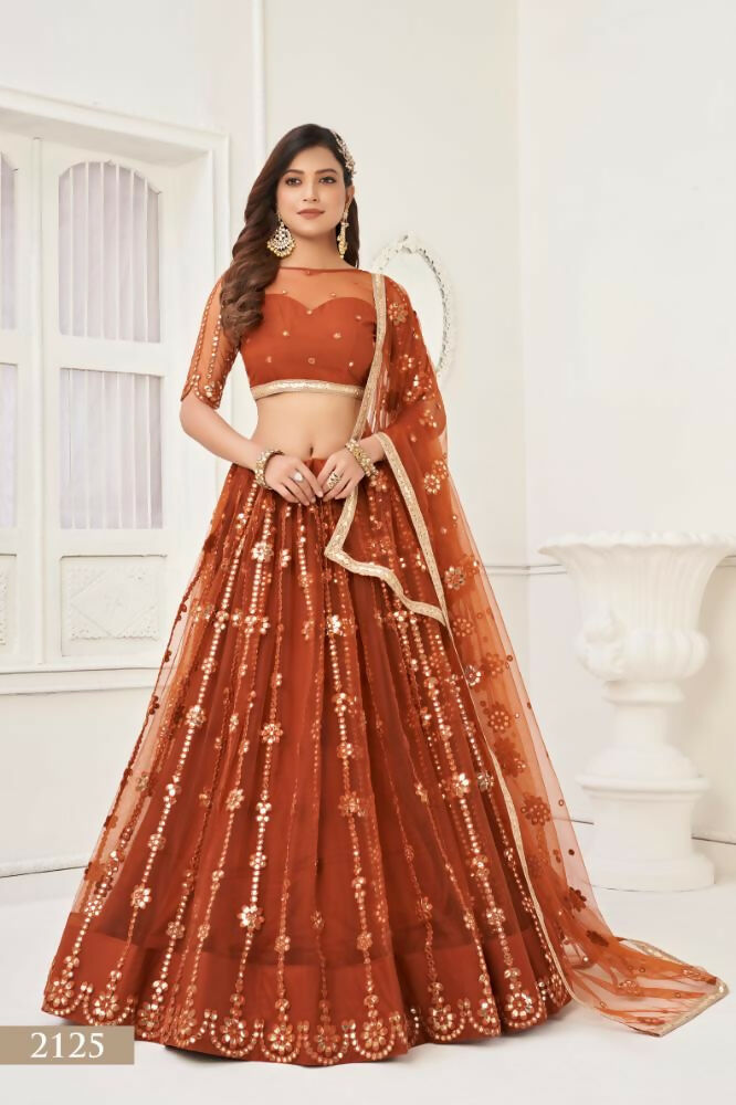 Elegant brown butterfly net lehenga choli with detailed mirror work and thread embroidery for wedding wear