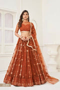 Elegant brown butterfly net lehenga choli with detailed mirror work and thread embroidery for wedding wear
