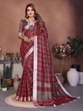 Elegant red linen saree featuring intricate weaving details and a smooth drape.