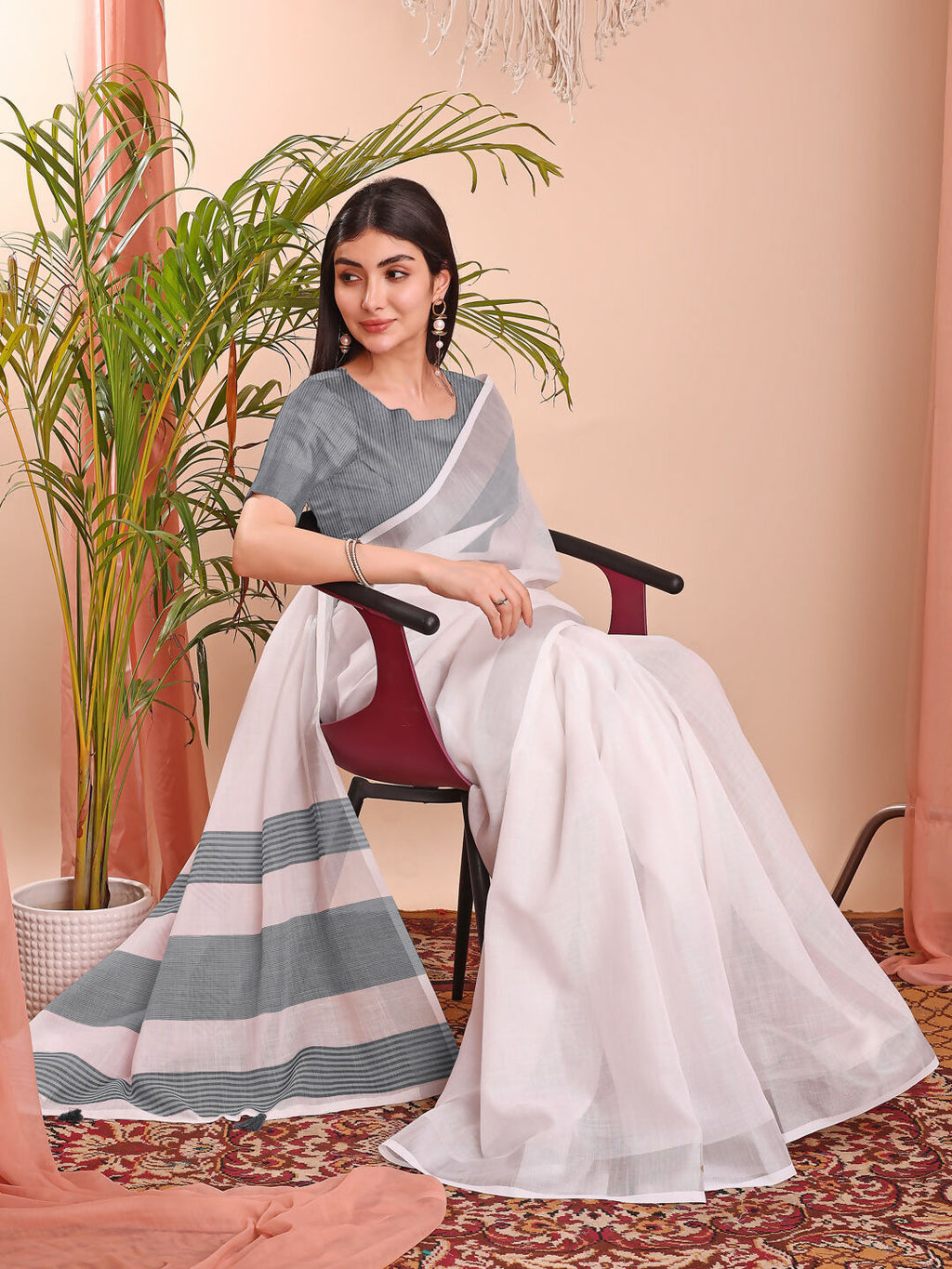 The White Loom White Linen Cotton Saree with Blouse Piece