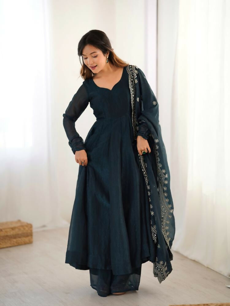 Blue Chinnon Silk Kurta Set with Intricate Sequence Embroidery