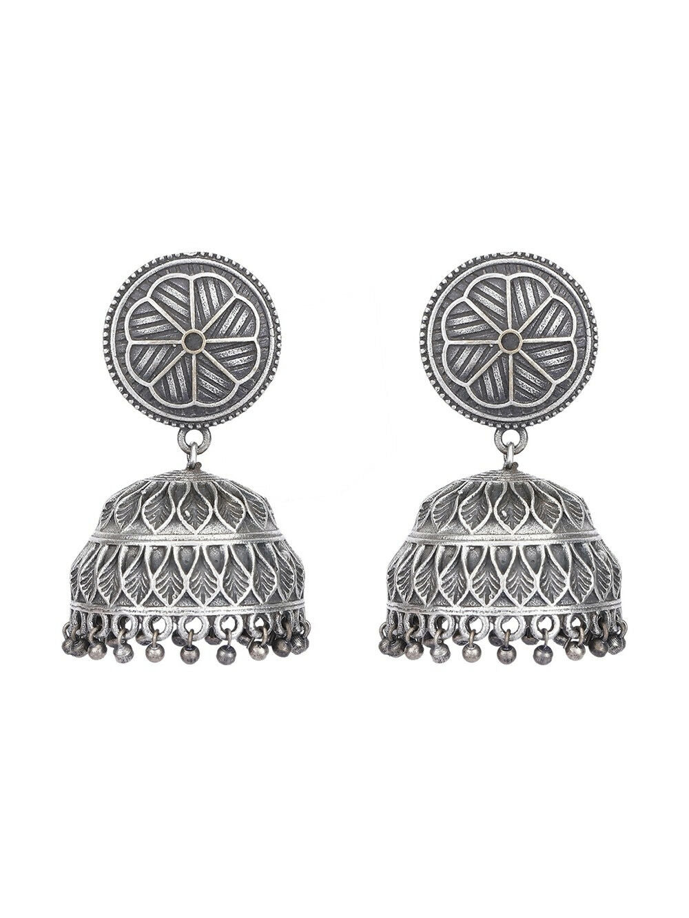 Women's Silver Tone Brass Jhumka Earrings - Bohemian Ethnic Style