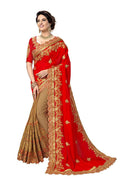 Red silk and satin saree with intricate heavy embroidery and matching blouse piece