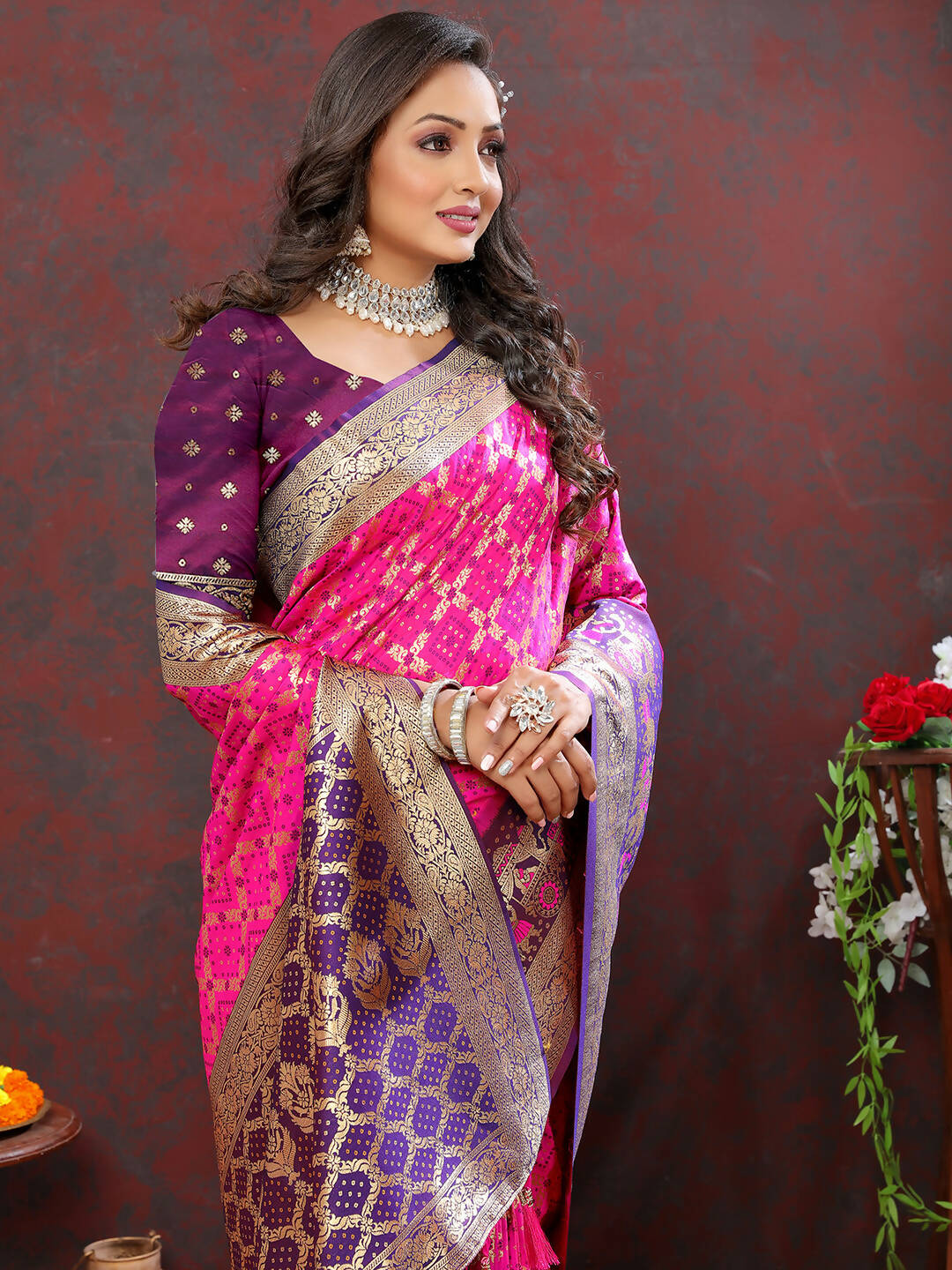 Magenta & Wine Patola Silk Saree with Meenakari Weaving