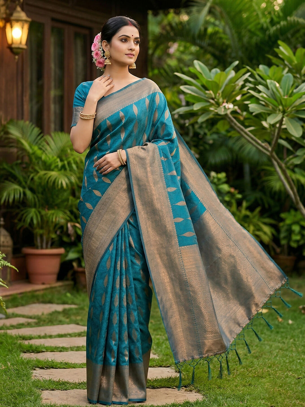 Rama Blue Silk Blend Saree for Festive Occasions