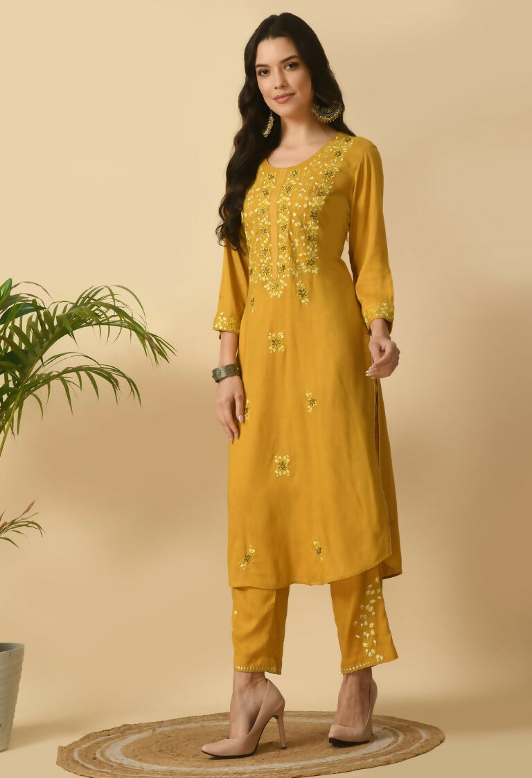 Mustard Cotton Rayon Kurta Set - Two Piece Women's Ethnic Wear
