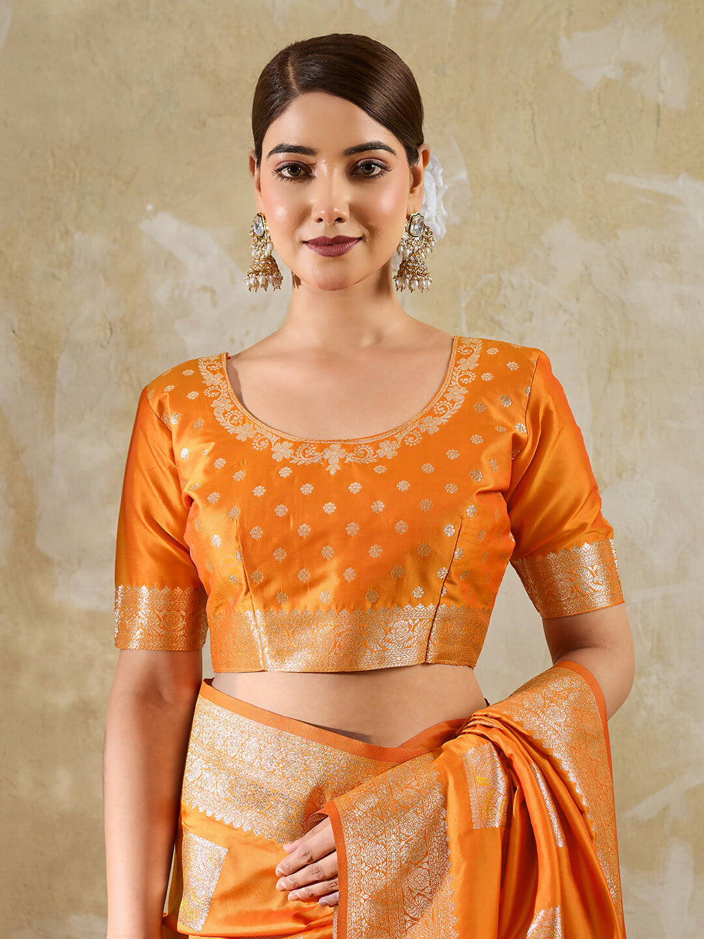 Orange Silk Blend Saree with Matching Blouse Set