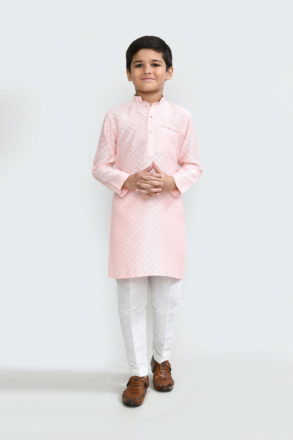 Peach Cotton Silk Kurta Set with White Straight Fit Pants